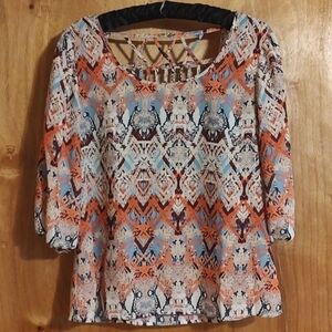 🌵Heartsoul Southwest Pattern Blouse Salmon Blue Puff Sleeve Crisscross Back L